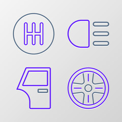 Set line Alloy wheel, Car door, High beam and Gear shifter icon. Vector