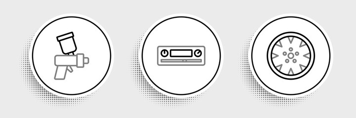 Set line Alloy wheel, Paint spray gun and Car Audio icon. Vector