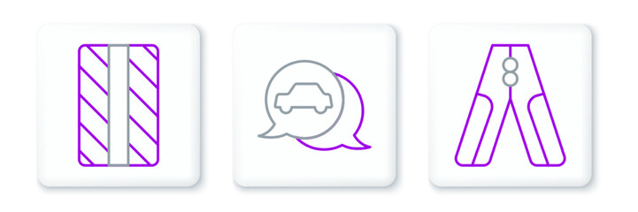 Set line Car battery jumper power cable, tire wheel and service icon. Vector