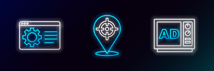 Set line Advertising, Browser setting and Target icon. Glowing neon. Vector