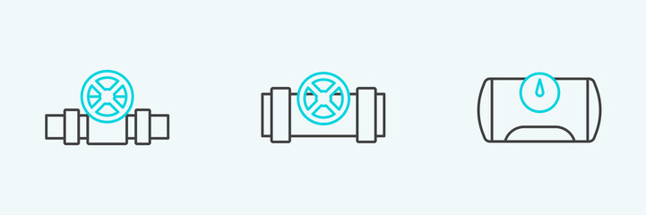 Set line Gas tank for vehicle, Metallic pipes and valve and icon. Vector