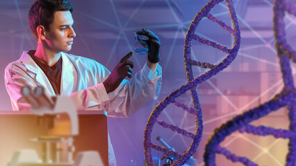 Genetic experiments. Man is doing genetic research. DNA modification in laboratory. Concept of...