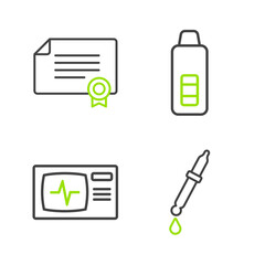 Set line Pipette, Monitor with cardiogram, Digital thermometer and Certificate template icon. Vector