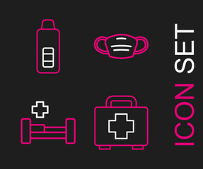 Set line First aid kit, Hospital bed, Medical protective mask and Digital thermometer icon. Vector