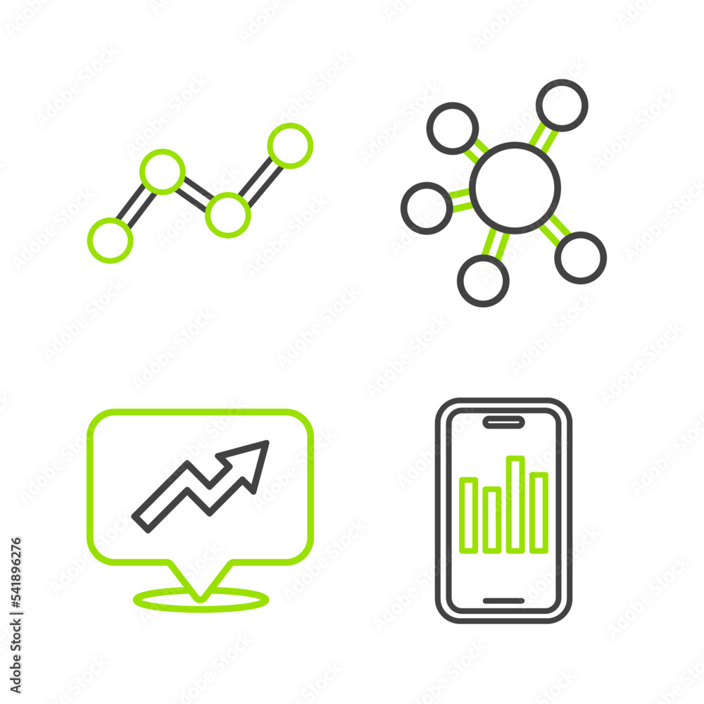 Poster set line mobile with graph, financial growth, project team base and graph chart infographic icon. ve
