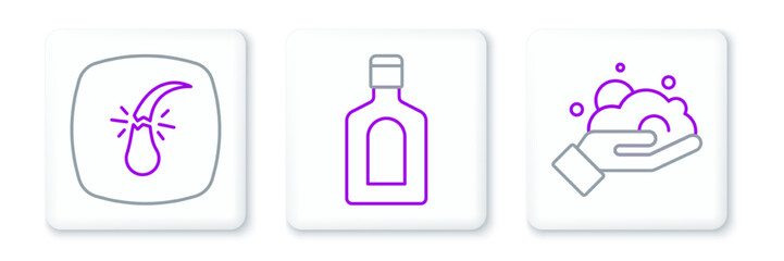 Set line Shaving foam on hand, Broken hair follicle and Bottle of shampoo icon. Vector