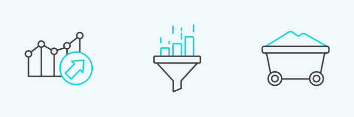 Set line Coal mine trolley, Financial growth and Sales funnel with chart icon. Vector