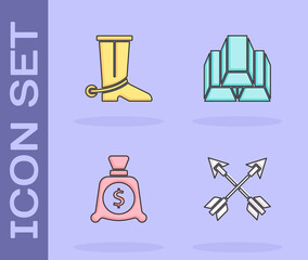 Set Crossed arrows, Cowboy boot, Money bag and Gold bars icon. Vector