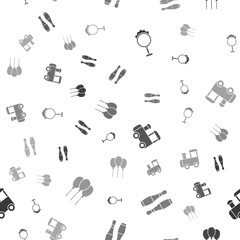 Set Circus fire hoop, Bowling pin, Toy train and Balloons with ribbon on seamless pattern. Vector