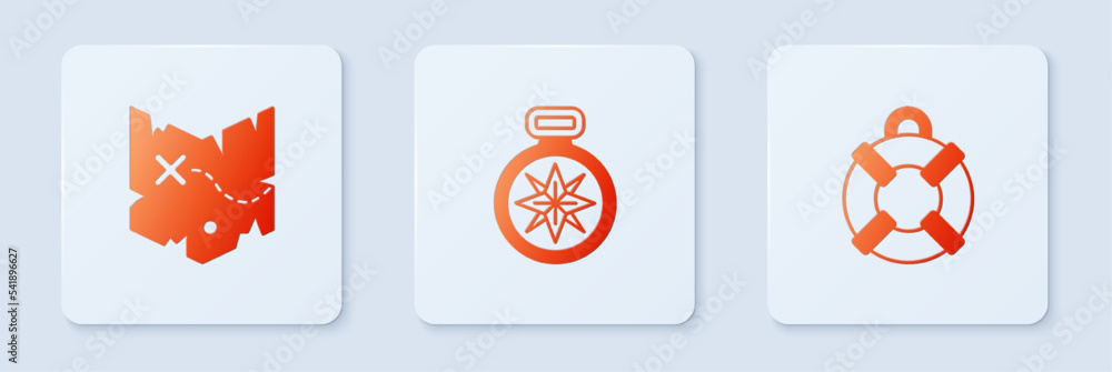 Poster set compass, pirate treasure map and lifebuoy. white square button. vector