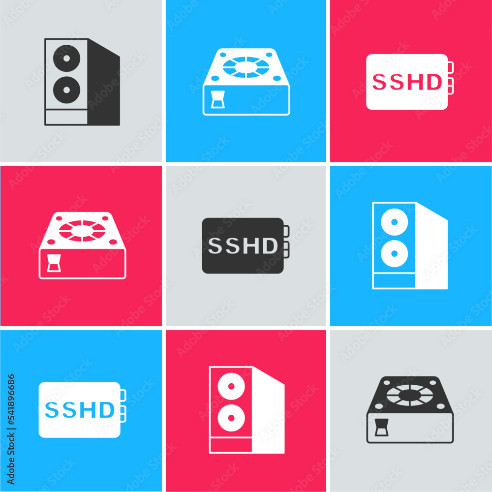 Aufkleber set case of computer, computer cooler and sshd card icon. vector