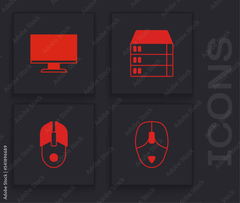 Poster set computer mouse, monitor screen, server, data, web hosting and icon. vector