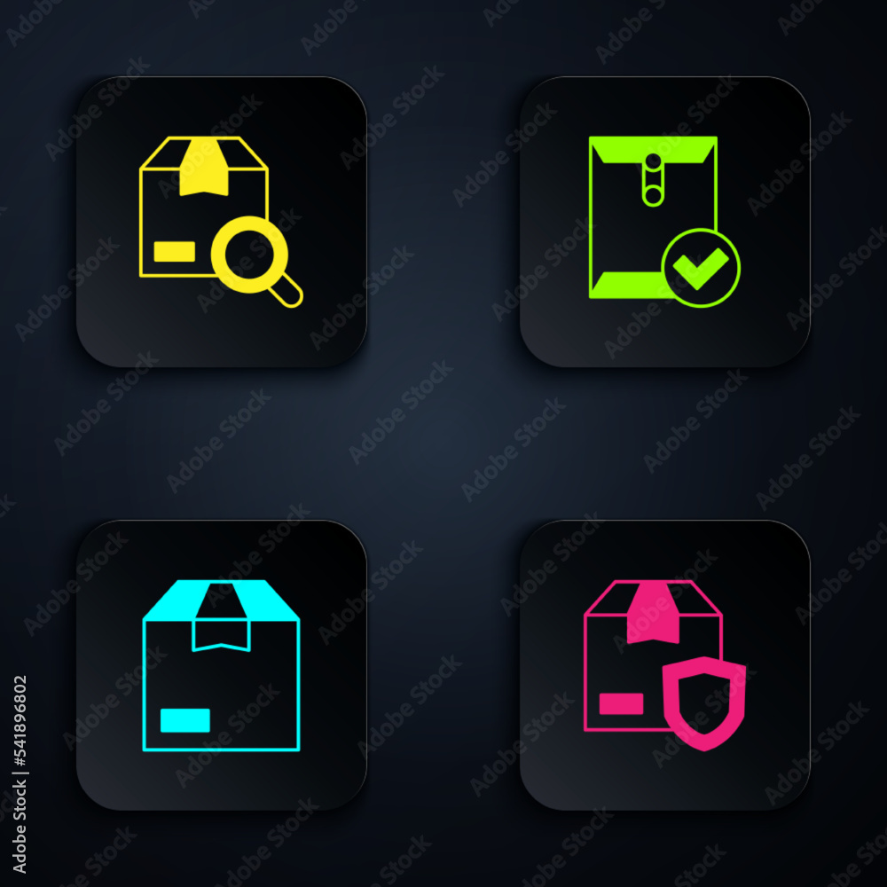 Poster set delivery security with shield, search package, carton cardboard box and envelope and check mark.