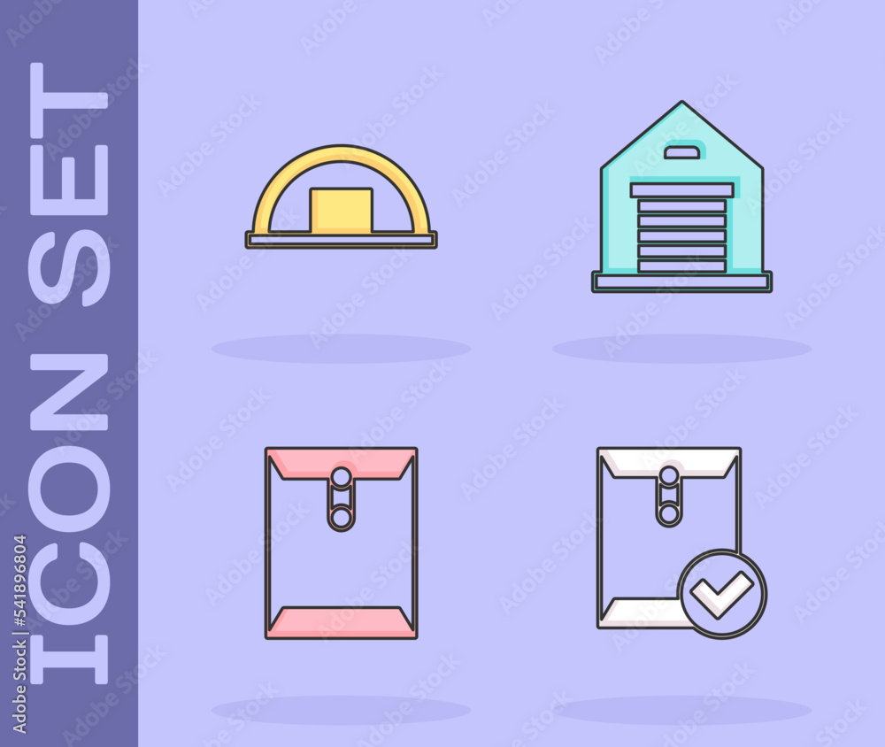 Poster set envelope and check mark, warehouse, and icon. vector