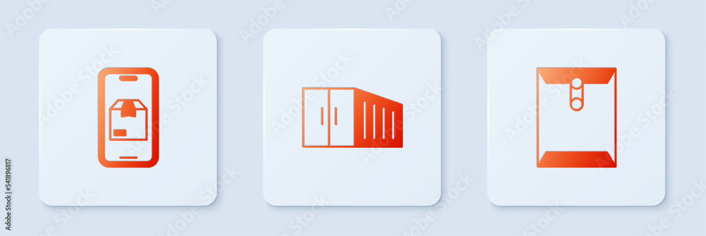 Poster set container, mobile app delivery tracking and envelope. white square button. vector