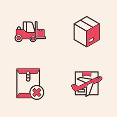 Set Plane and cardboard box, Forklift truck, Carton and Delete envelope icon. Vector