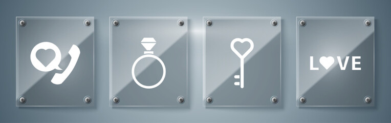 Set Love text, Key in heart shape, Wedding rings and Telephone with heart speech bubble. Square glass panels. Vector