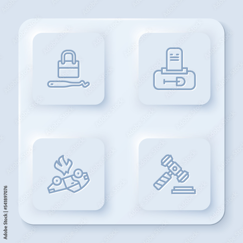 Poster set line lock picks for lock picking, grave with tombstone, burning car and judge gavel. white squar