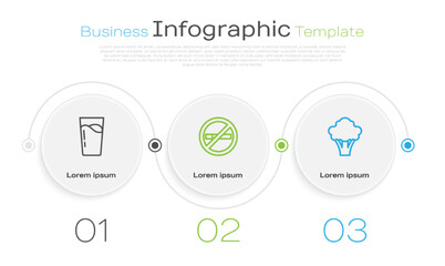 Set line Glass with water, No Smoking and Broccoli. Business infographic template. Vector