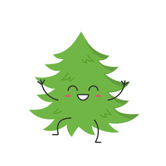 Christmas tree character cartoon greeting cute smiling face cheerful kawaii joy happy emotions icon vector illustration.