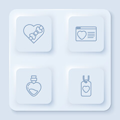Set line Candy in heart shaped box, Dating app online, Bottle with love potion and Heart tag. White square button. Vector