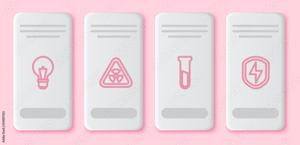 Poster set line light bulb with concept of idea, triangle radiation, test tube and flask and secure shield 
