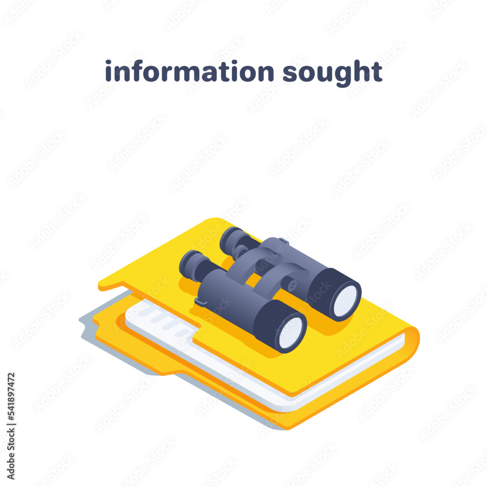Poster isometric vector illustration on a white background, icon of a folder with a document and binoculars