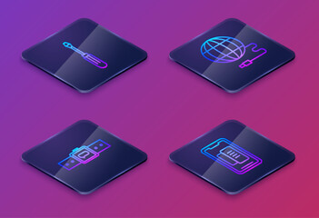 Set Isometric line Screwdriver, Smartwatch, Social network and Smartphone, mobile phone. Blue square button. Vector