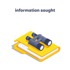 isometric vector illustration on a white background, icon of a folder with a document and binoculars, information sought