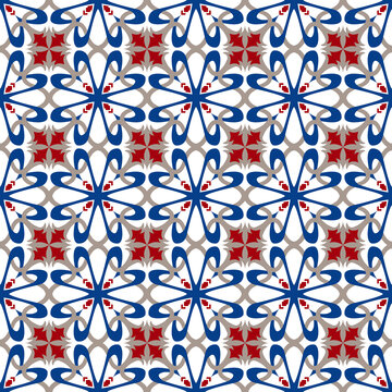 Seamless background image of vintage cross blue heart kaleidoscope pattern.