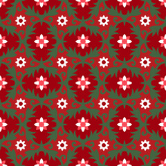 Seamless background image of vintage red tone flower leaf kaleidoscope pattern.