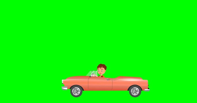Man driving in a car 2d animation cartoon in green screen background