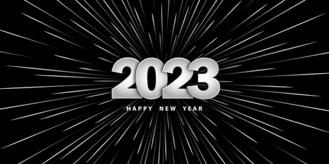 Happy new year 2023. Festive black background with silver numbers and motion rays of light. Holiday banner. Speed light ray. Background in realistic style. Vector illustration 3D. Design wallpaper.