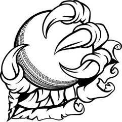A claw with talons holding a cricket ball. Could be a monster like a dragon or dinosaur or perhaps bird like an eagle or hawk. Ripping or tearing through the background.