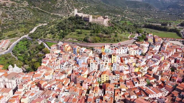 Aerial view of Bosa on a sunny day. Sardinia, Italy
