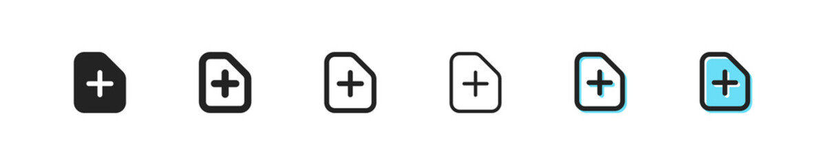 Attach file icon. Vector document clip symbol. Simple add paper outline signs. Clip button, web sign. Office icon. Plus document, add file, copy element, new files, create documents flat icons.