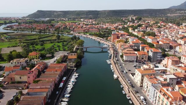 Aerial view of Temo river in Bosa. Sardinia, Italy