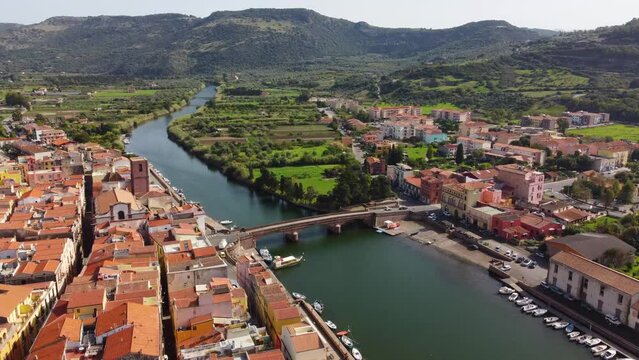 Aerial view of Temo river in Bosa. Sardinia, Italy