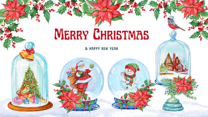 Christmas background with snow globes and cloches , Watercolor hand painting - obrazy, fototapety, plakaty