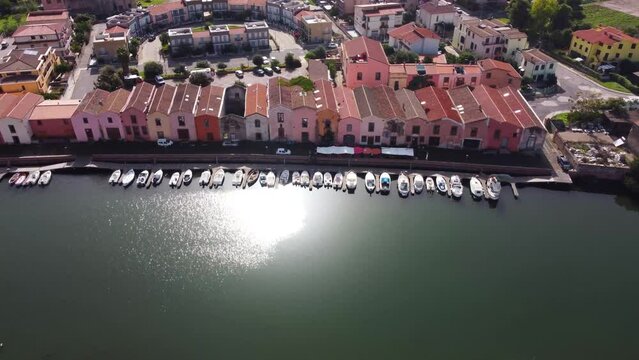 Aerial view of old tanneries in Bosa. Sardinia, Italy