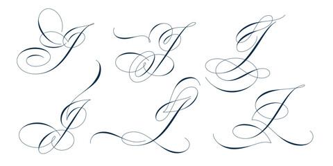 Set of beautiful calligraphic flourishes on capital letter J isolated on white background for decorating text and calligraphy on postcards or greetings cards. Vector illustration.