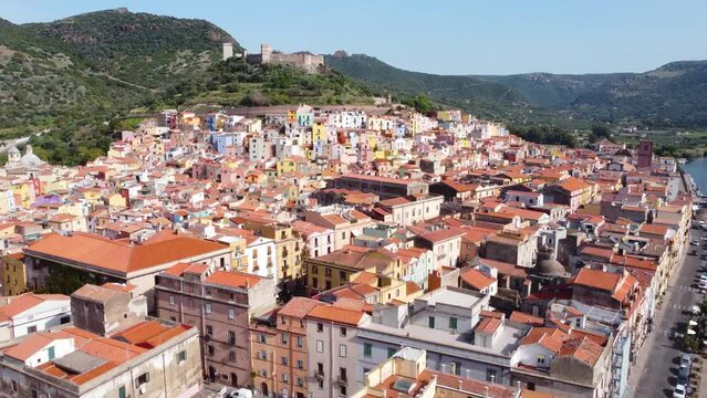 Aerial view of Bosa on a sunny day. Sardinia, Italy