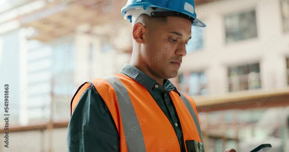 Poster smartphone, typing and construction worker communication for fast building development update, clien