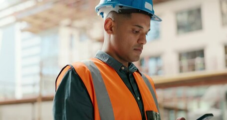 Smartphone, typing and construction worker communication for fast building development update, client chat or business email on mobile app. Industrial contractor using phone on site with 5g network