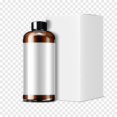 Dark brown clear large cylindrical bottle with white blank label and carton packaging realistic vector mockup. Cosmetic product with paper box mock-up. Template for design