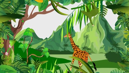 “Cute 2D cartoon giraffe walking in jungle, loopable animation . Hand-drawn and animated in Moho, not AI-generated.”