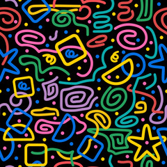 Colorful seamless pattern. Circles, serpentine, dots, squares, half circle, stars, stripes, wavy lines. Fun colorful line doodle shape background. Black background. Abstraction.