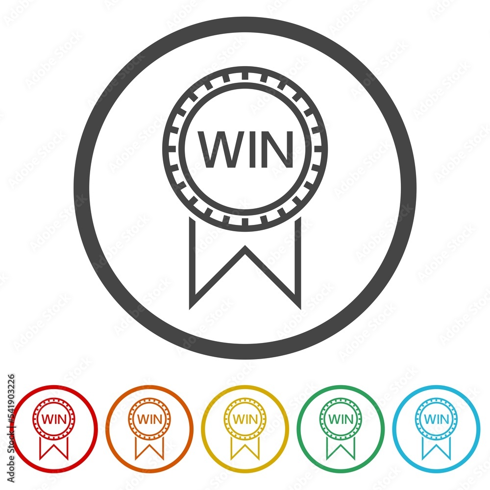 Poster win badge icon. set icons in color circle buttons