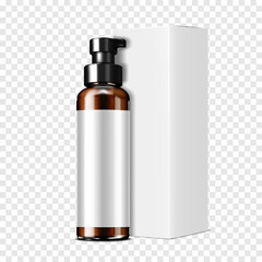 Dark brown clear glass or plastic pump dispenser cosmetic bottle with white blank label and carton packaging realistic mockup. Cosmetic product with paper box vector mockup. Template for design