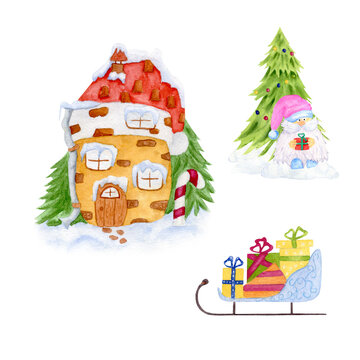 Watercolor Christmas Set with Sleighs and Gifts. The gnome near the Christmas tree and the Gingerbread House in the Snow. Design Illustrations for Greetings and Stickers. Isolated on white background